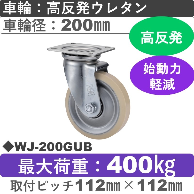 WJ-200GUB ゴールドキャスター 自在金具 高反発ウレタン車輪200㎜