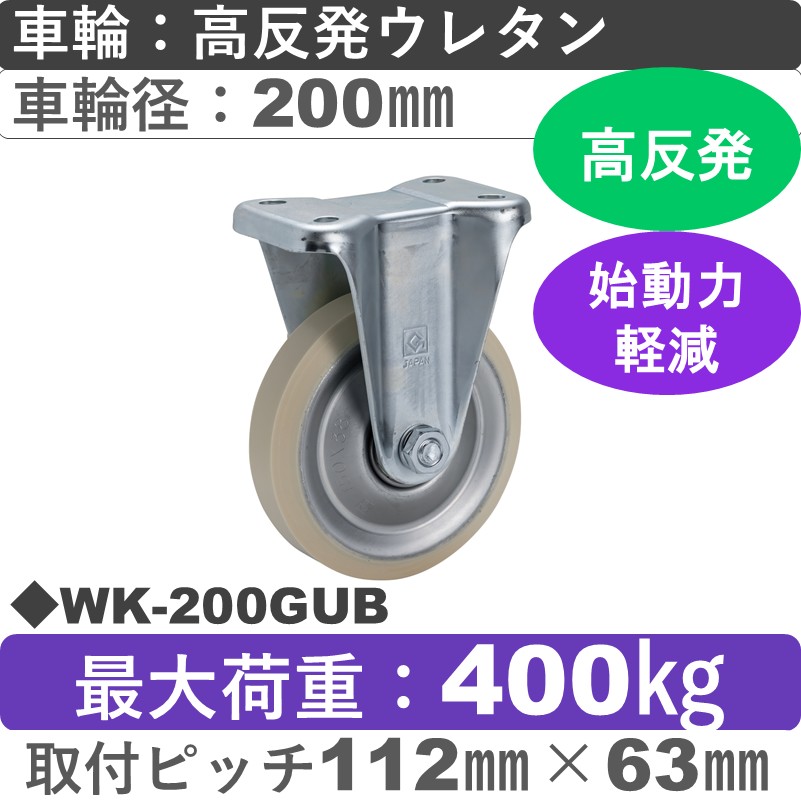 WK-200GUB ゴールドキャスター 固定金具 高反発ウレタン車輪200㎜