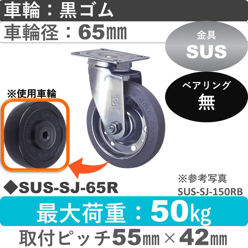 SUS-SJ-65 R ゴールドキャスター 自在金具 ゴム車輪65㎜