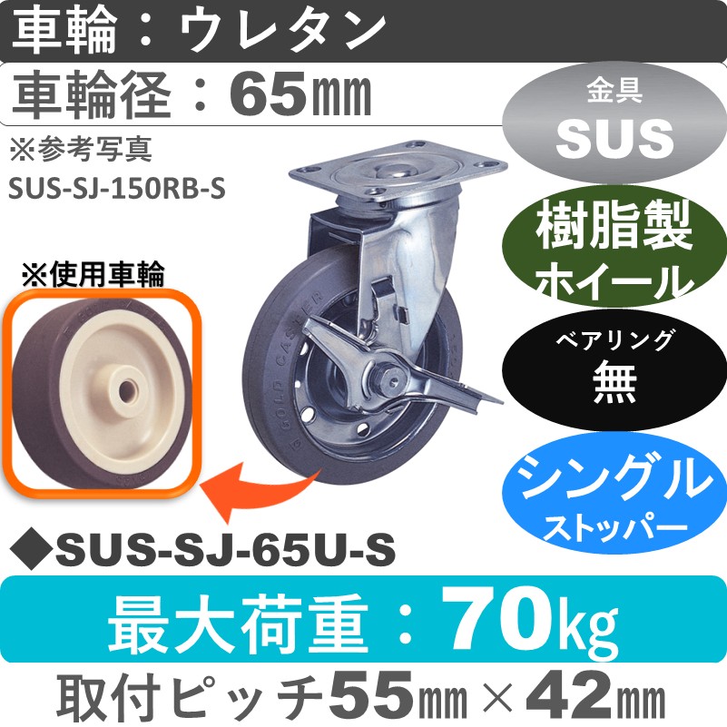 SUS-SJ-65 U-S ゴールドキャスター  ストッパー付自在金具 ウレタン車輪65㎜