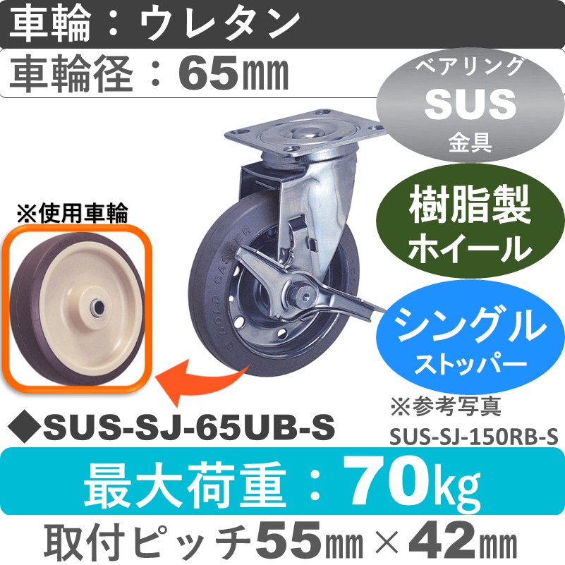 SUS-SJ-65 UB-S ゴールドキャスター  ストッパー付自在金具 ウレタン車輪65㎜