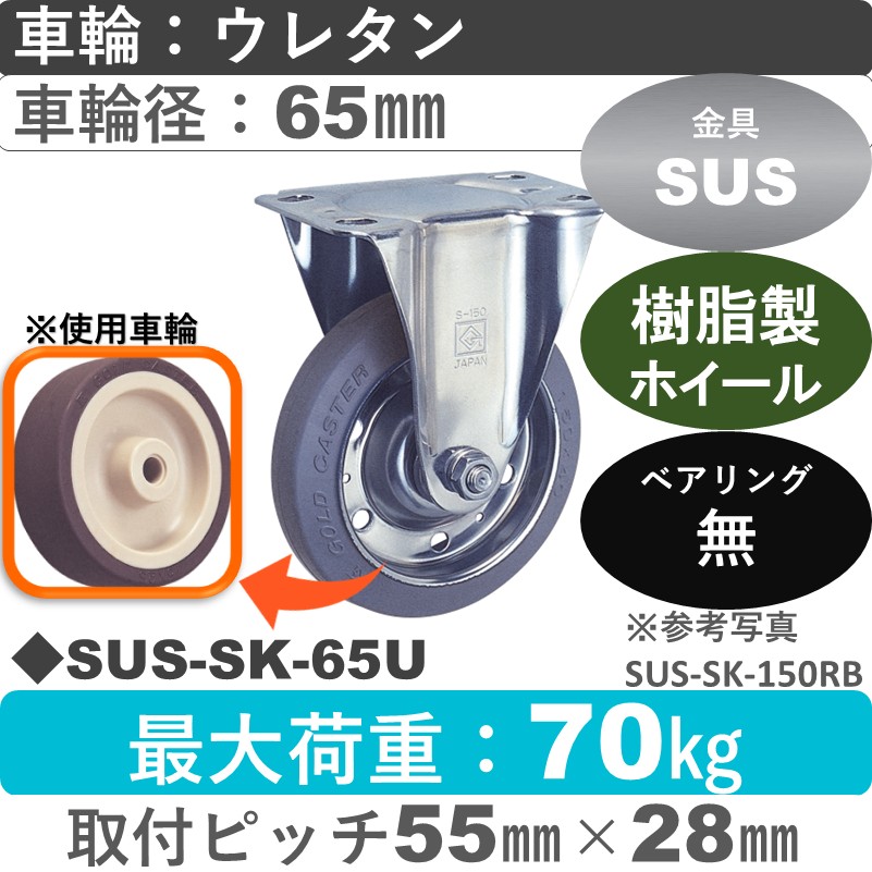 SUS-SK-65 U ゴールドキャスター 固定金具 ウレタン車輪65㎜