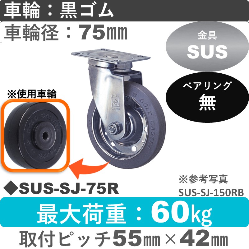 SUS-SJ-75 R ゴールドキャスター 自在金具 ゴム車輪75㎜