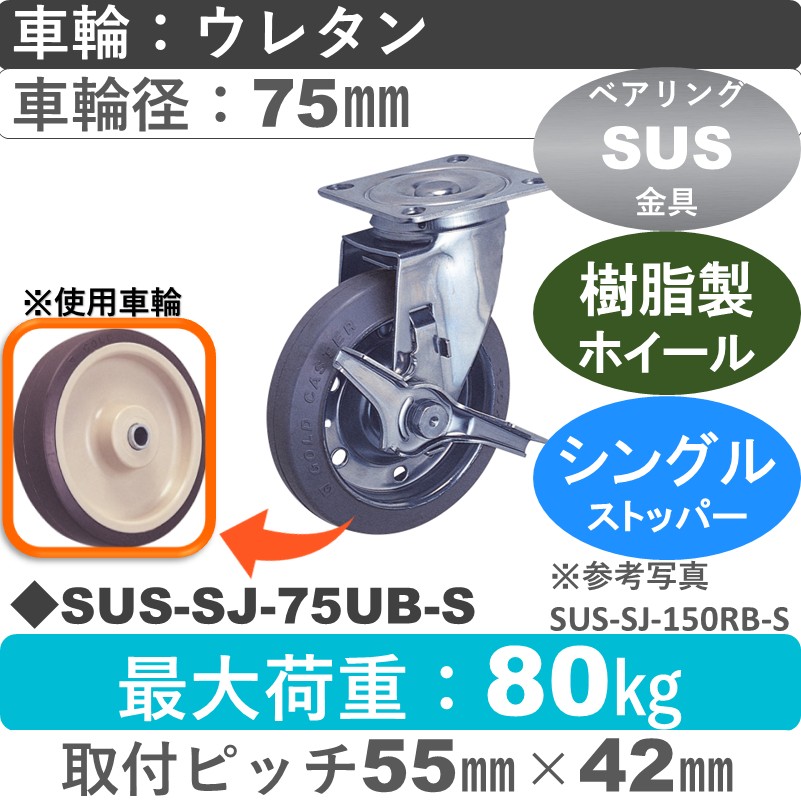 SUS-SJ-75 UB-S ゴールドキャスター  ストッパー付自在金具 ウレタン車輪75㎜