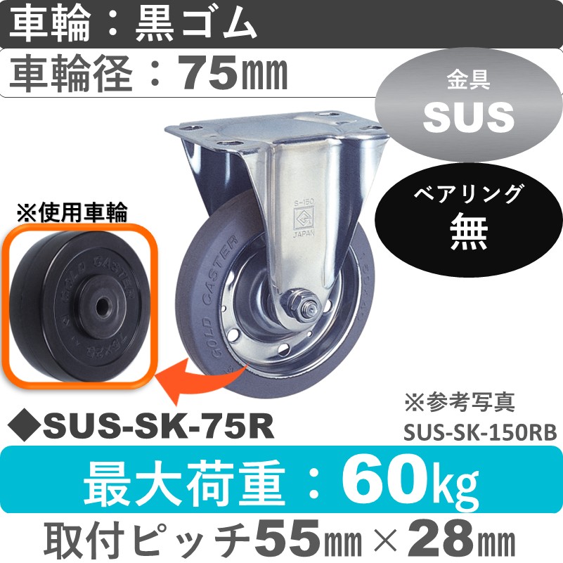 SUS-SK-75 R ゴールドキャスター 固定金具 ゴム車輪75㎜