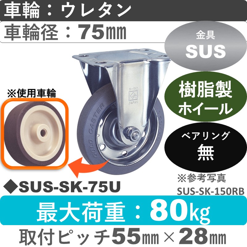 SUS-SK-75 U ゴールドキャスター 固定金具 ウレタン車輪75㎜