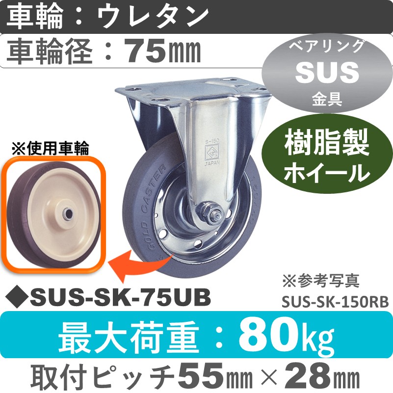 SUS-SK-75 UB ゴールドキャスター 固定金具 ウレタン車輪75㎜