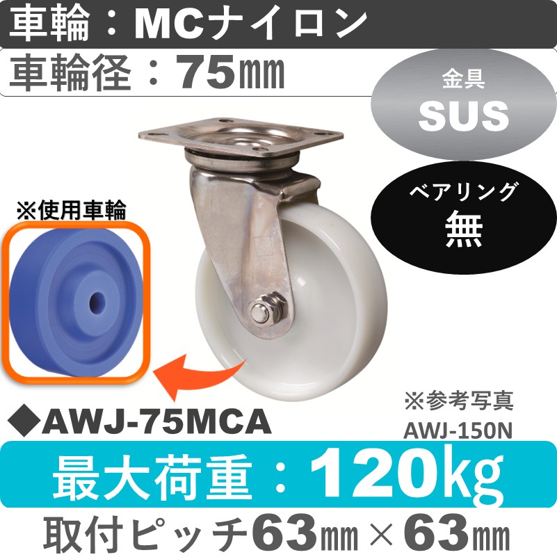 AWJ-75 MCA ゴールドキャスター 自在金具 MCナイロン車輪75㎜