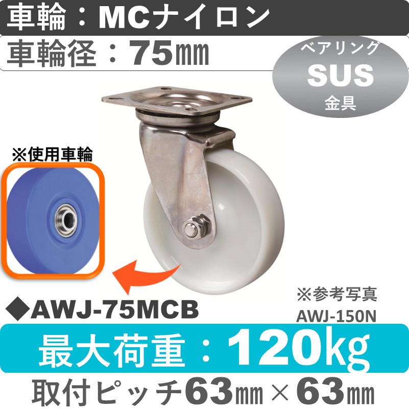AWJ-75 MCB ゴールドキャスター 自在金具 MCナイロン車輪75㎜