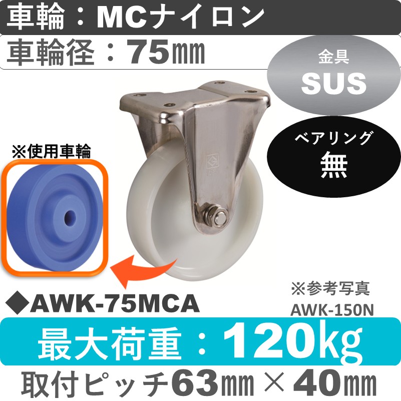 AWK-75 MCA ゴールドキャスター 固定金具 MCナイロン車輪75㎜