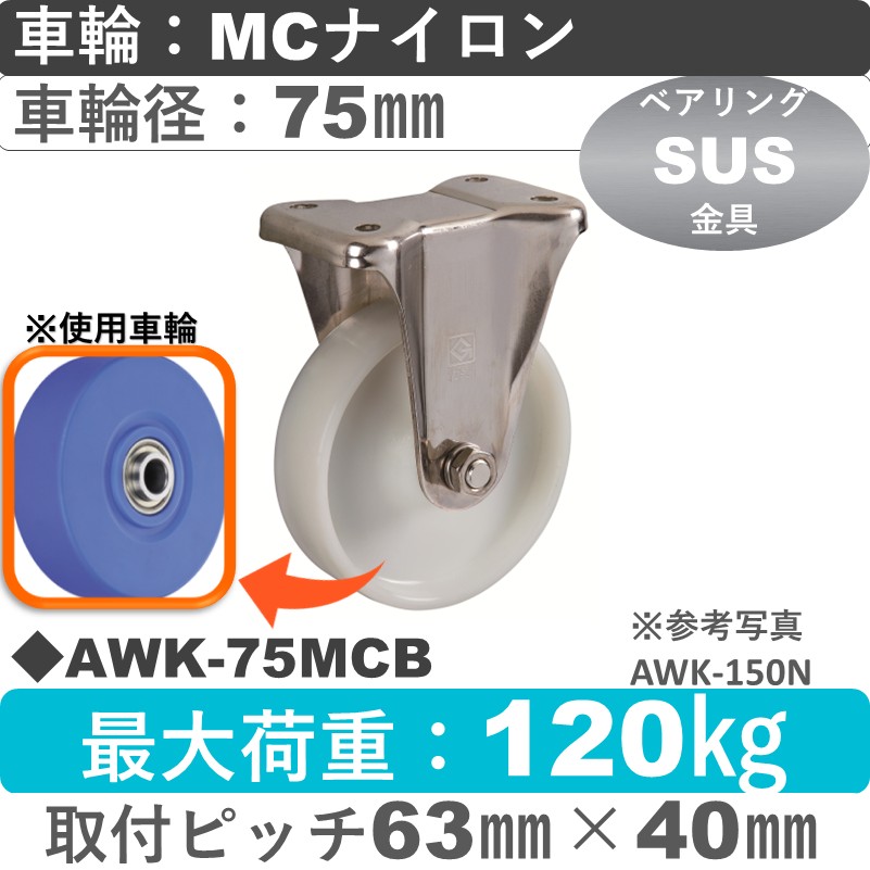 AWK-75 MCB ゴールドキャスター 固定金具 MCナイロン車輪75㎜