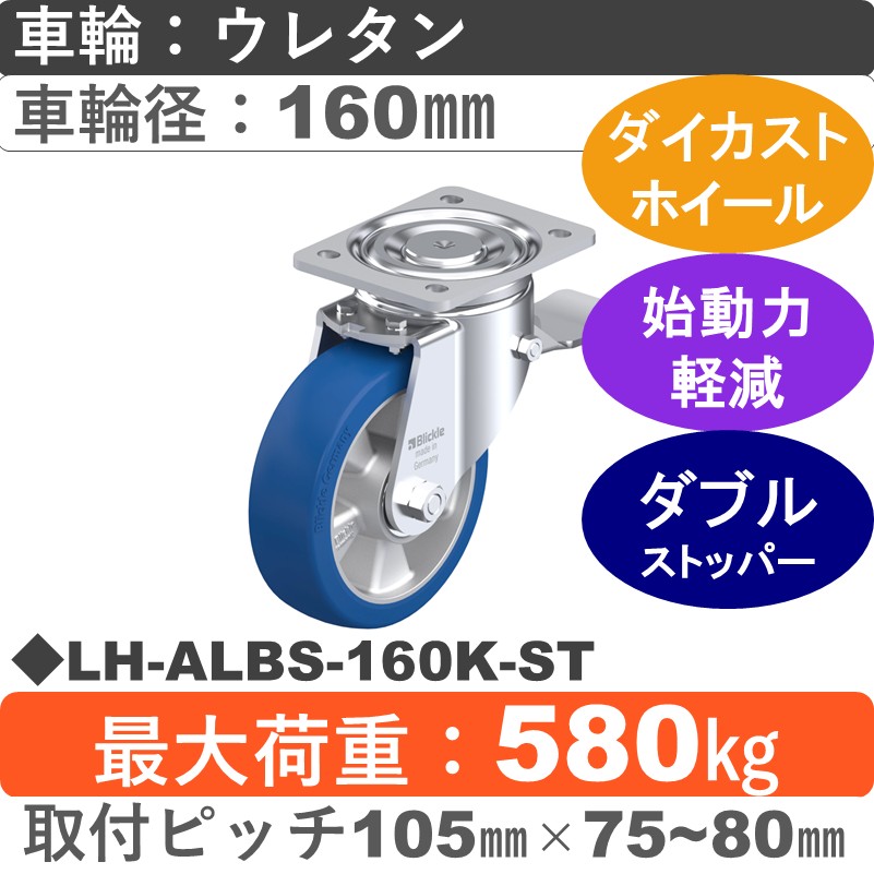 LH-ALBS-160K-ST Blickle/シシクアドクライス(株) 重荷重用ストッパー付自在金具 ウレタン車輪160㎜