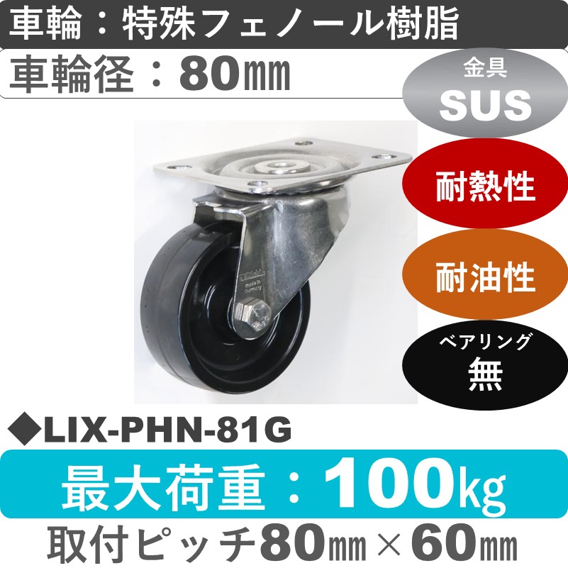 LIX-PHN-81G Blickle/シシクアドクライス(株) ステンレス自在金具 特殊フェノール樹脂車輪80㎜