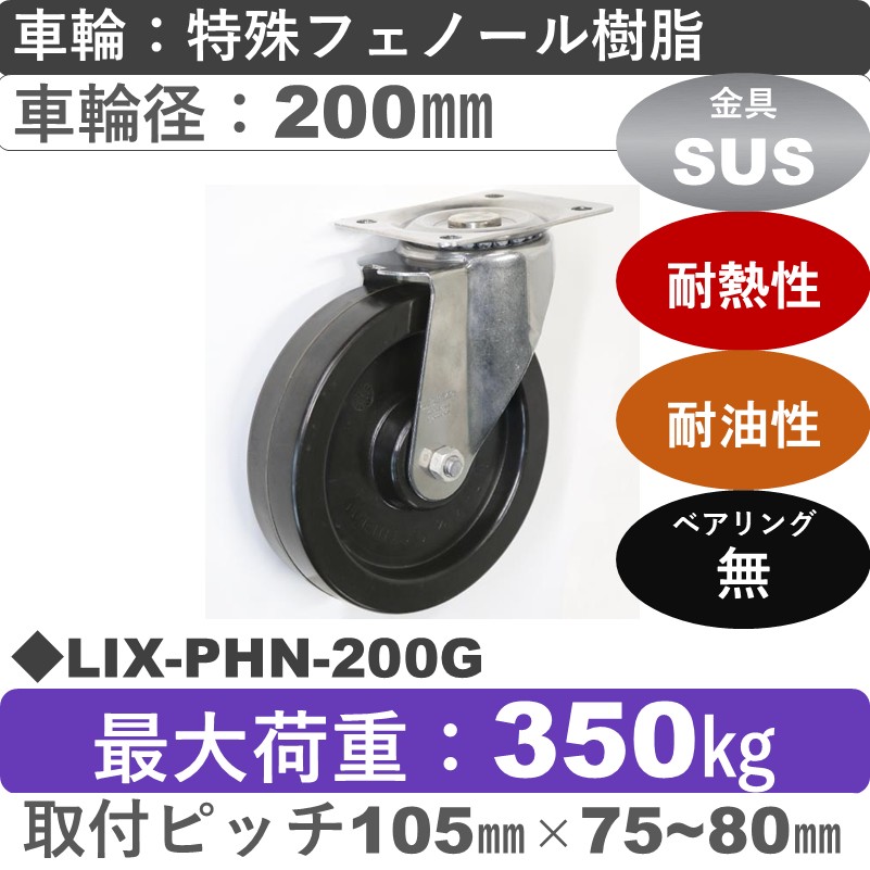 LIX-PHN-200G Blickle/シシクアドクライス(株) ステンレス自在金具 特殊フェノール樹脂車輪200㎜