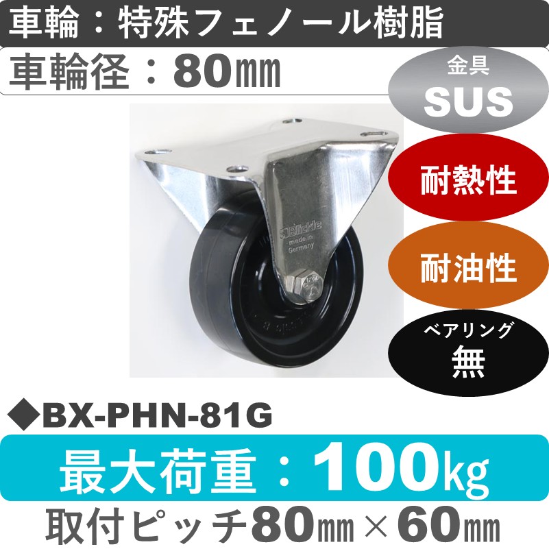 BX-PHN-81G Blickle/シシクアドクライス(株) ステンレス固定金具 特殊フェノール樹脂車輪80㎜