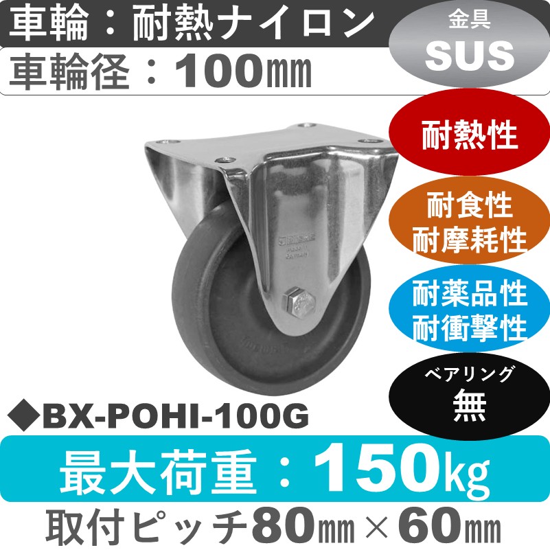 BX-POHI-100G Blickle/シシクアドクライス(株) ステンレス固定金具 耐熱ナイロン車輪100㎜