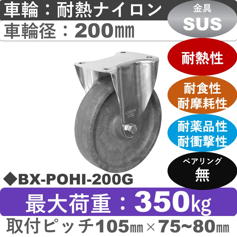 BX-POHI-200G Blickle/シシクアドクライス(株) ステンレス固定金具 耐熱ナイロン車輪200㎜