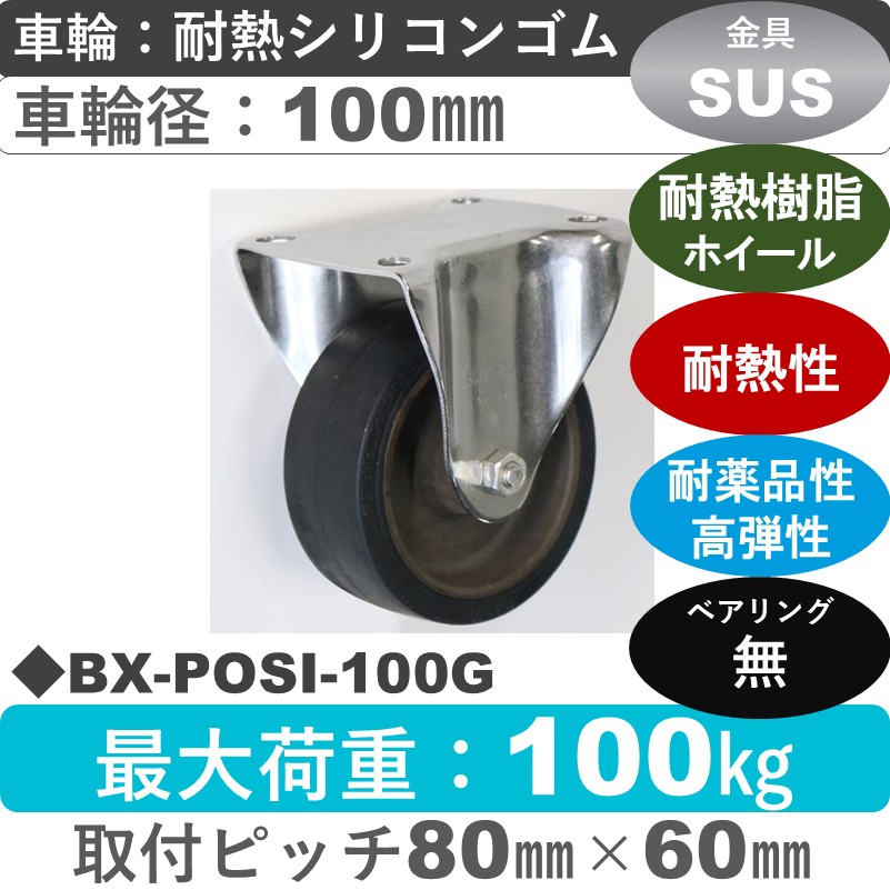 BX-POSI-100G Blickle/シシクアドクライス(株) ステンレス固定金具 耐熱シリコンゴム車輪100㎜