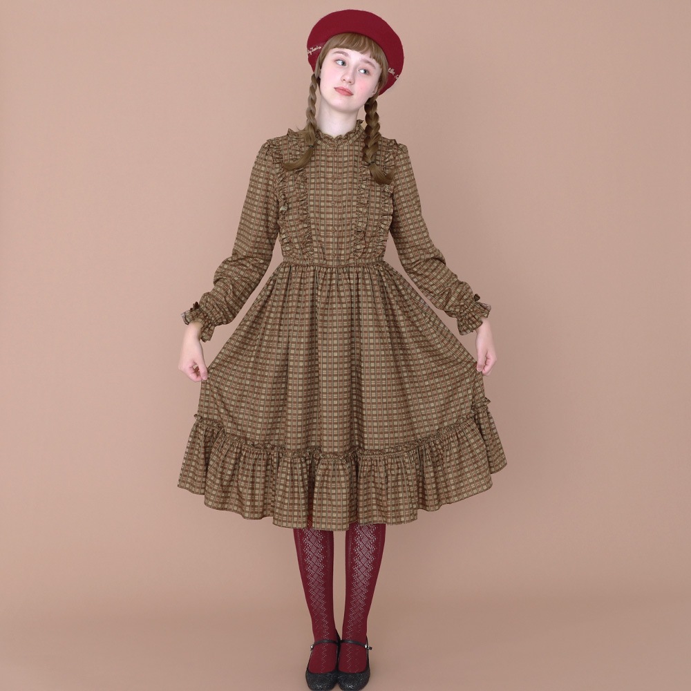 ������ɥ��顼�ե�륿��������ԡ��� (standcollar frill tartan dress)