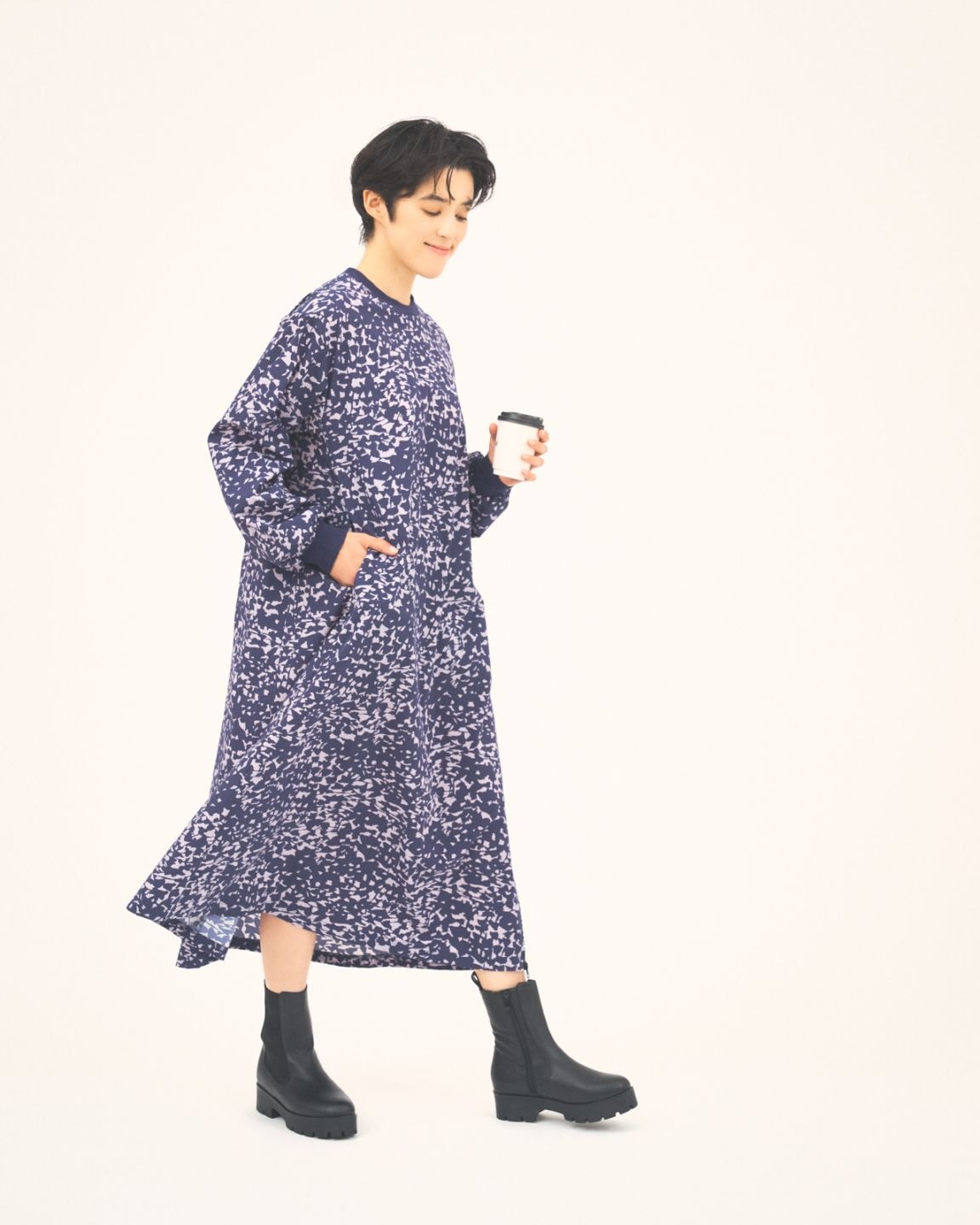 【L's】LONG SLEEVE OP (PRINT)NYLON・POLYURETHANE/ロングスリーブワンピース プリント ナイロン・ポリウレタン