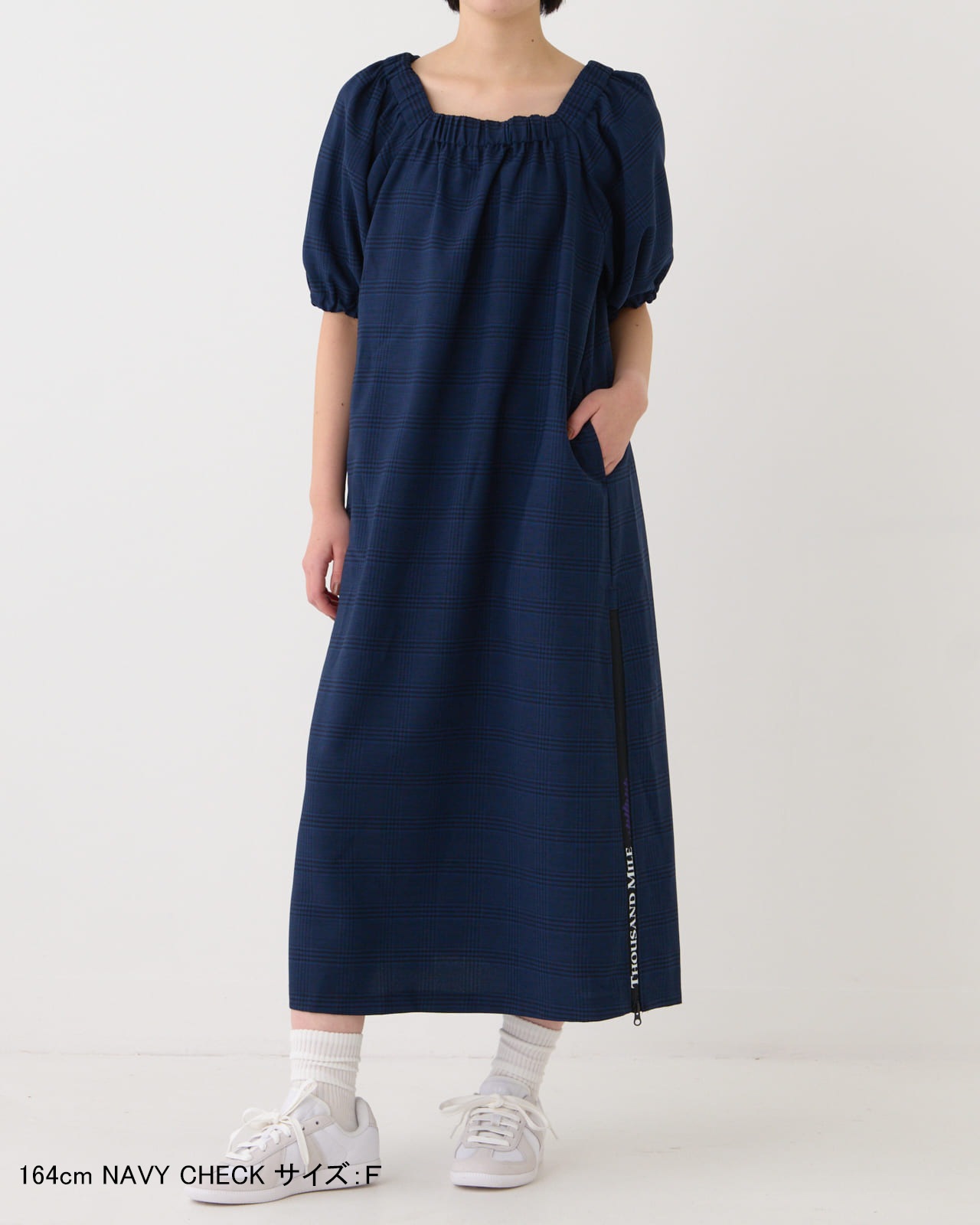 L's】GATHERD DRESS LINEN LIKE CHECK/ギャザードレスリネン