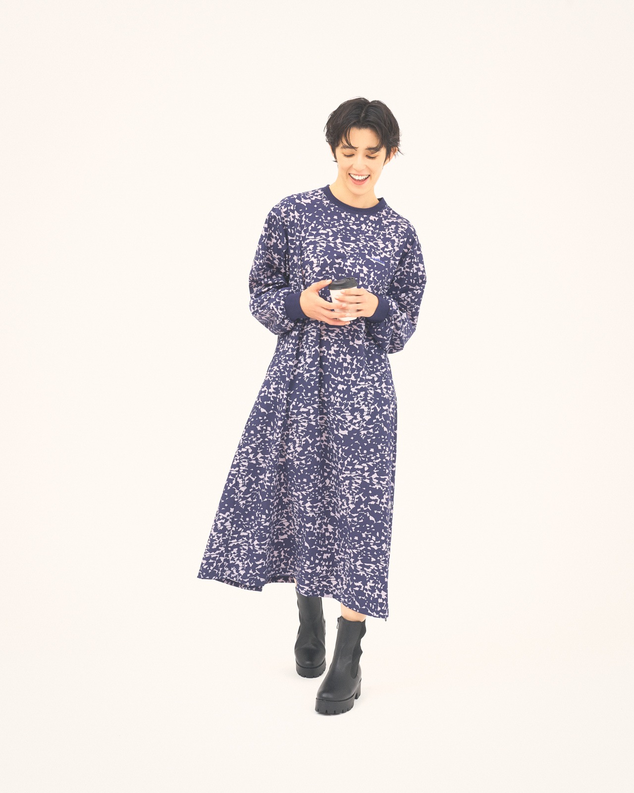 【L's】LONG SLEEVE OP (PRINT)NYLON・POLYURETHANE/ロングスリーブワンピース プリント ナイロン・ポリウレタン