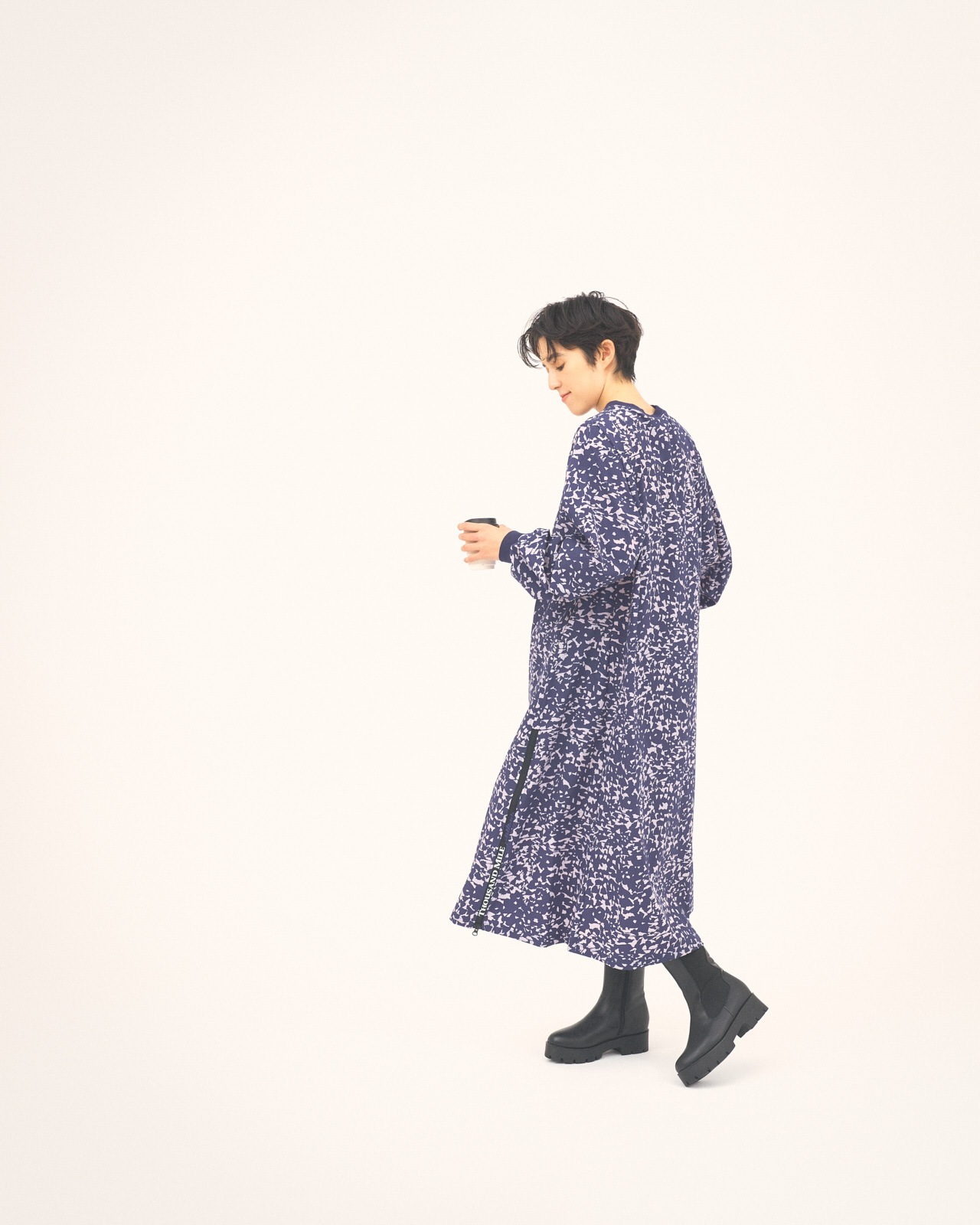 【L's】LONG SLEEVE OP (PRINT)NYLON・POLYURETHANE/ロングスリーブワンピース プリント ナイロン・ポリウレタン