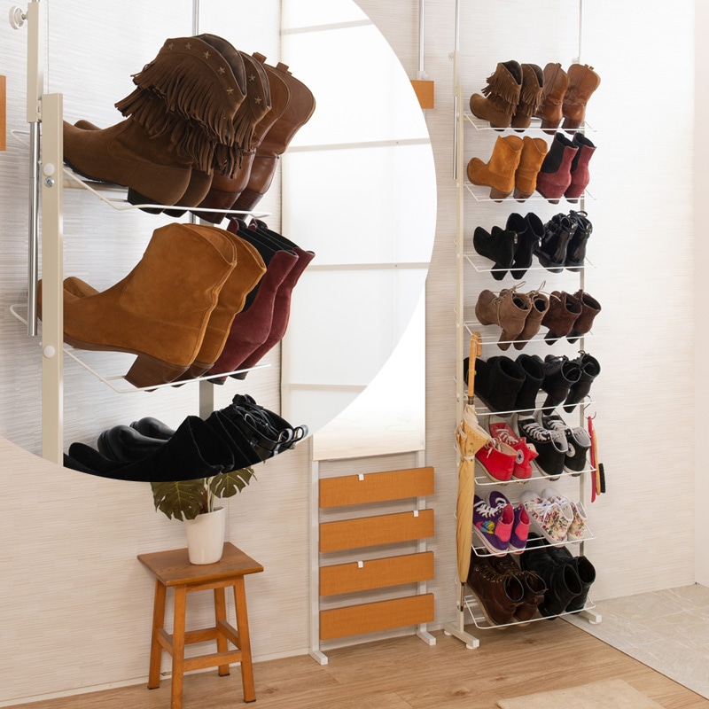 突っ張り壁面薄型シューズラック 幅53cm ホワイト ハイカットブーツ