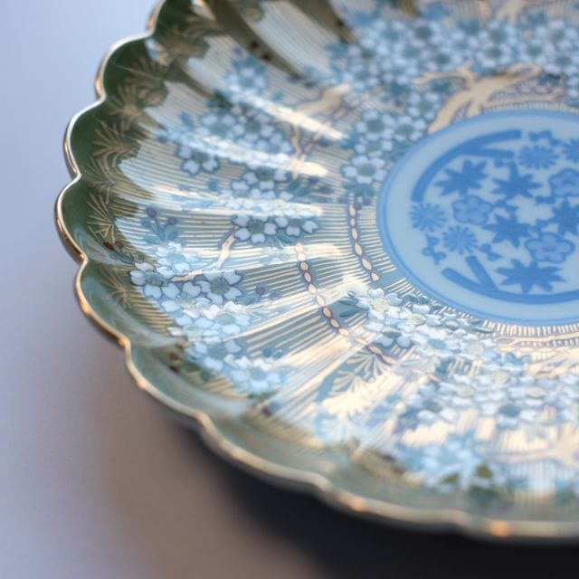 波佐見焼　琳派桜樹紋　6号皿　(緑)