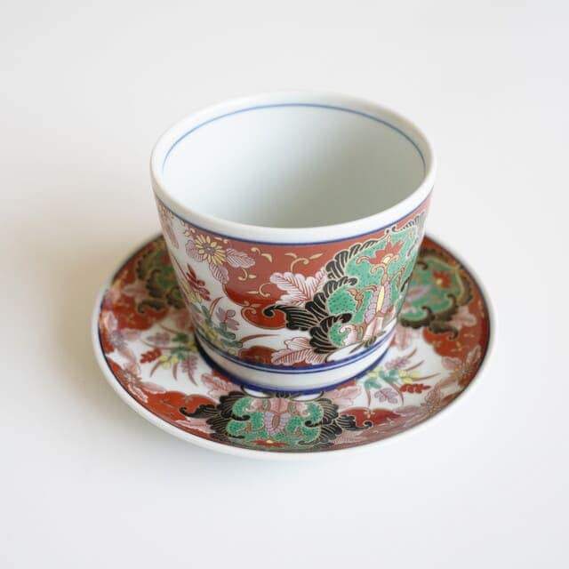 波佐見焼　赤濃草花紋　そば猪口