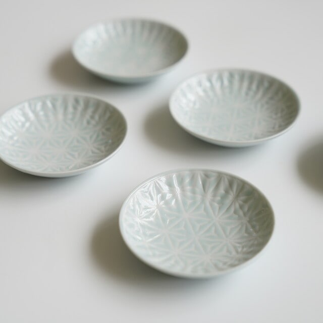 波佐見焼　麻の葉（ブルー）丸プレートS　５枚セット