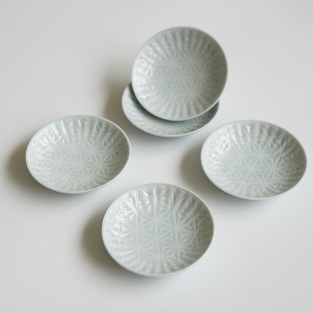 波佐見焼　麻の葉（ブルー）丸プレートS　５枚セット