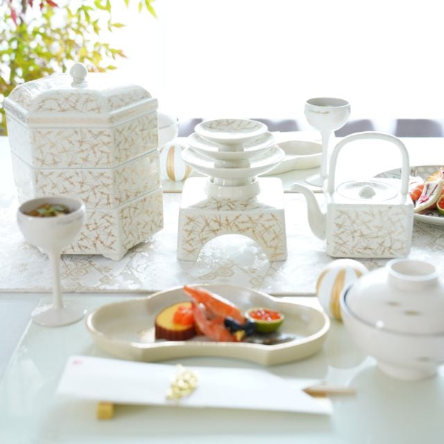 錦クリーム釉　金彩松葉　屠蘇器セット