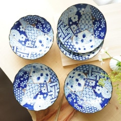 藍友禅 菊型5.5寸 浅鉢/取り鉢 5枚セット ｜ 四季折々の