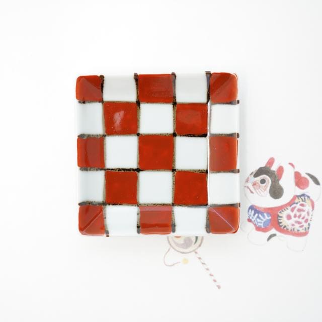 そうた窯　染錦赤市松　正角姫小皿(大)