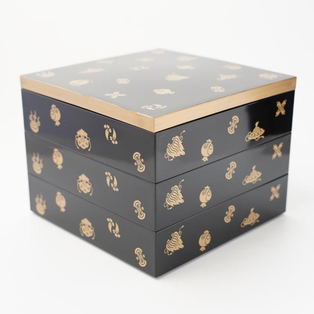 和食器　黒漆　松葉蒔絵　柿合　折曲重箱　5点　C　8625A 重箱用 仕切り 4ツ切り 6.5寸重箱用 入子 入れ子 中子（一段分