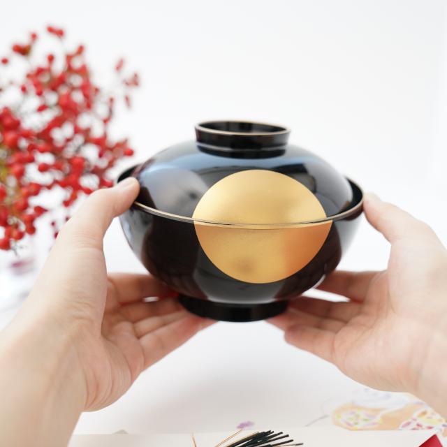 雑煮椀　黒天金　半月絵入り