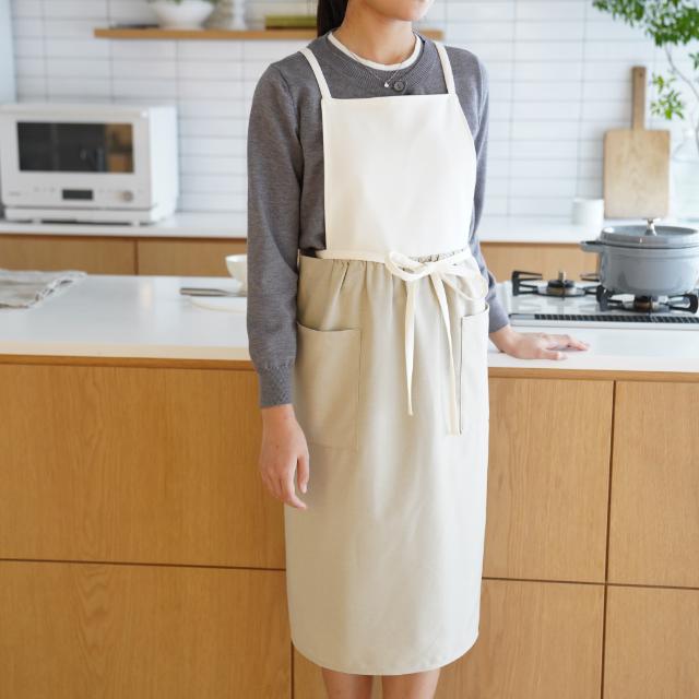 リボンエプロン ホワイト×ベージュ FOURGRACEオリジナル ｜ 四季折々の
