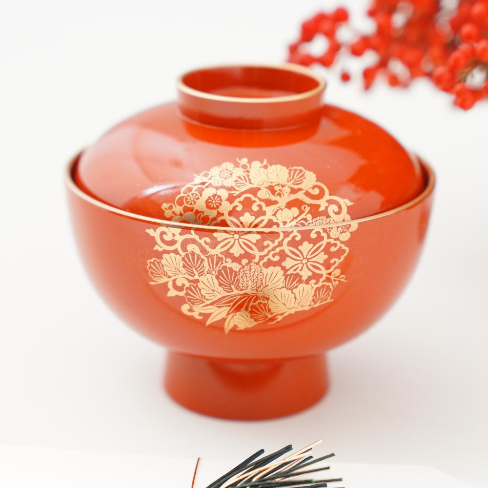 【11月末頃お届け】松竹梅花の丸　雑煮椀　FOURGRACEオリジナル　柿朱