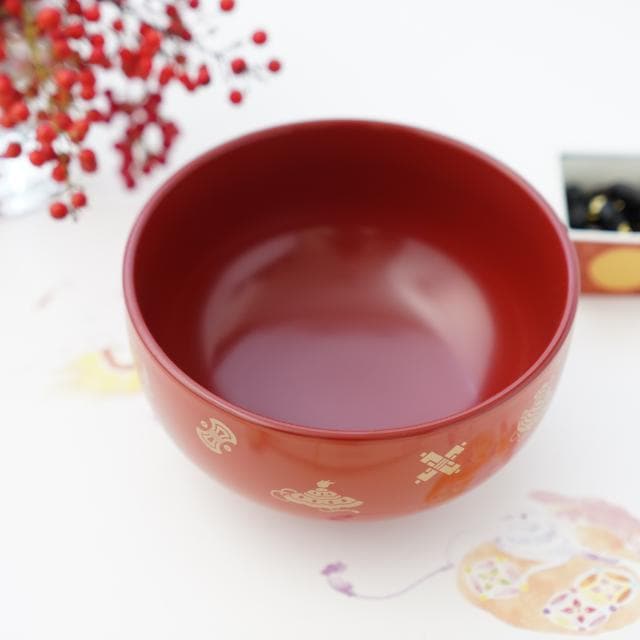 5.4寸　富貴鉢　柿朱内朱　宝尽くし絵入り