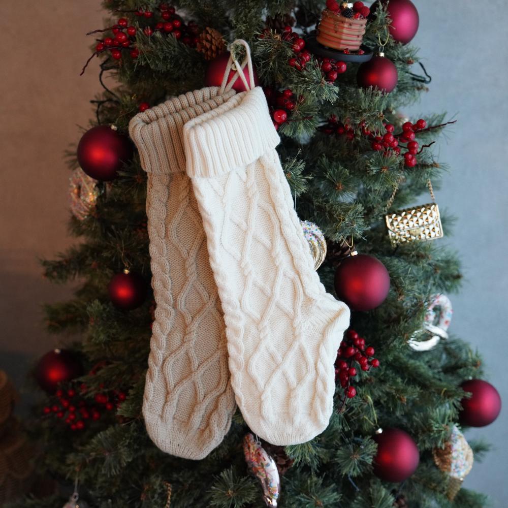 【2点セット】ニットクリスマスソックス（ベージュ・ホワイト）