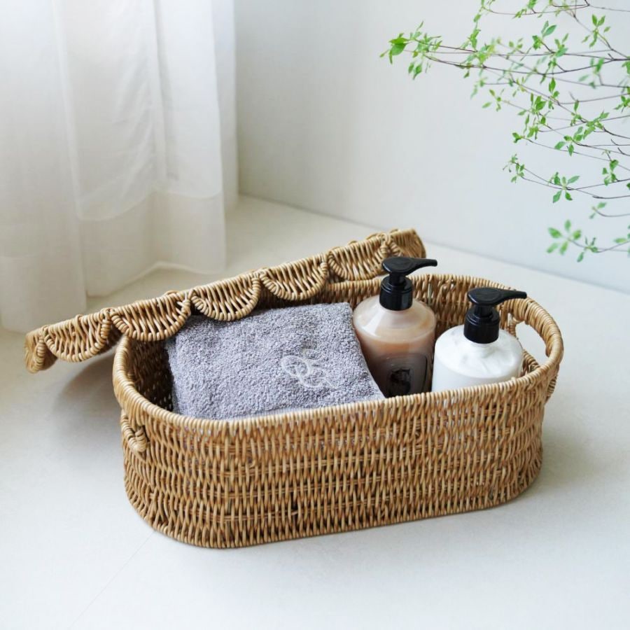 【予約/4月中頃出荷】洗える収納 スカラップラタンバスケット ロータイプ37㎝