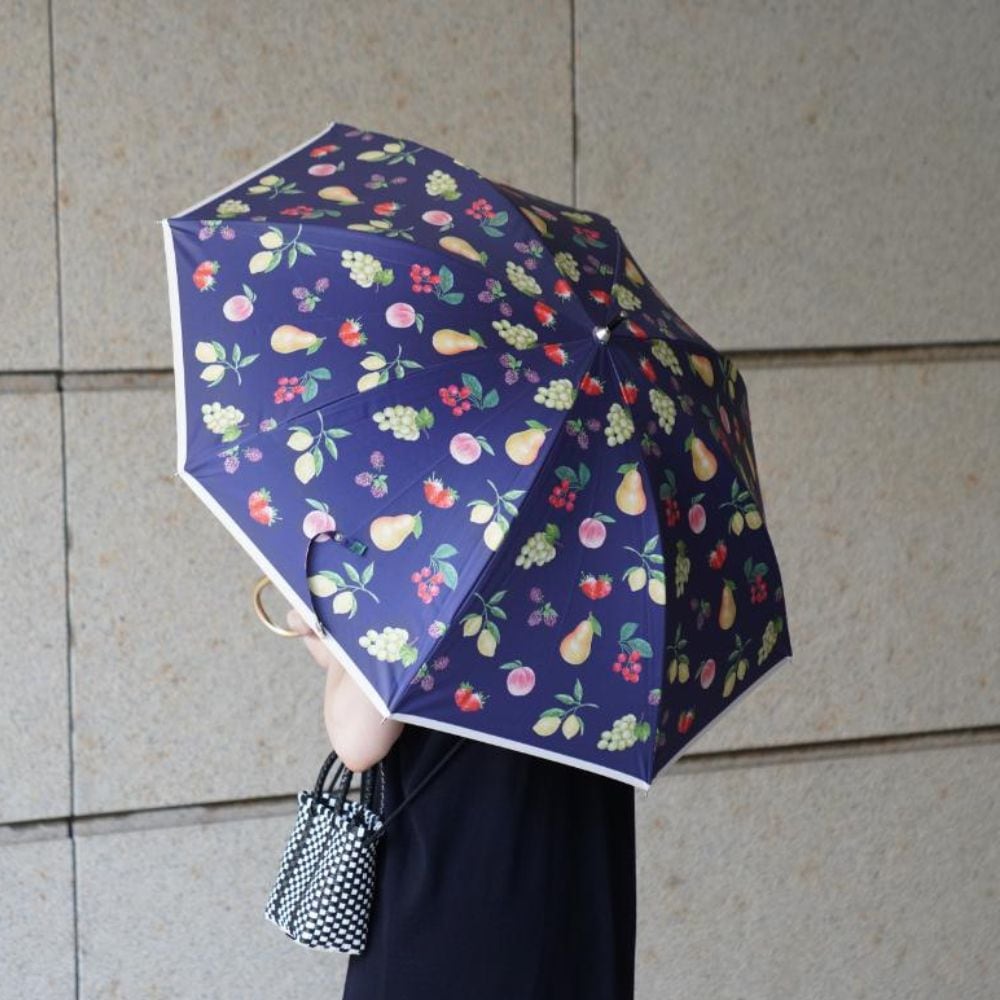 UV100％カット 長傘 PUフルーツプリント ネイビー【晴雨兼用傘】