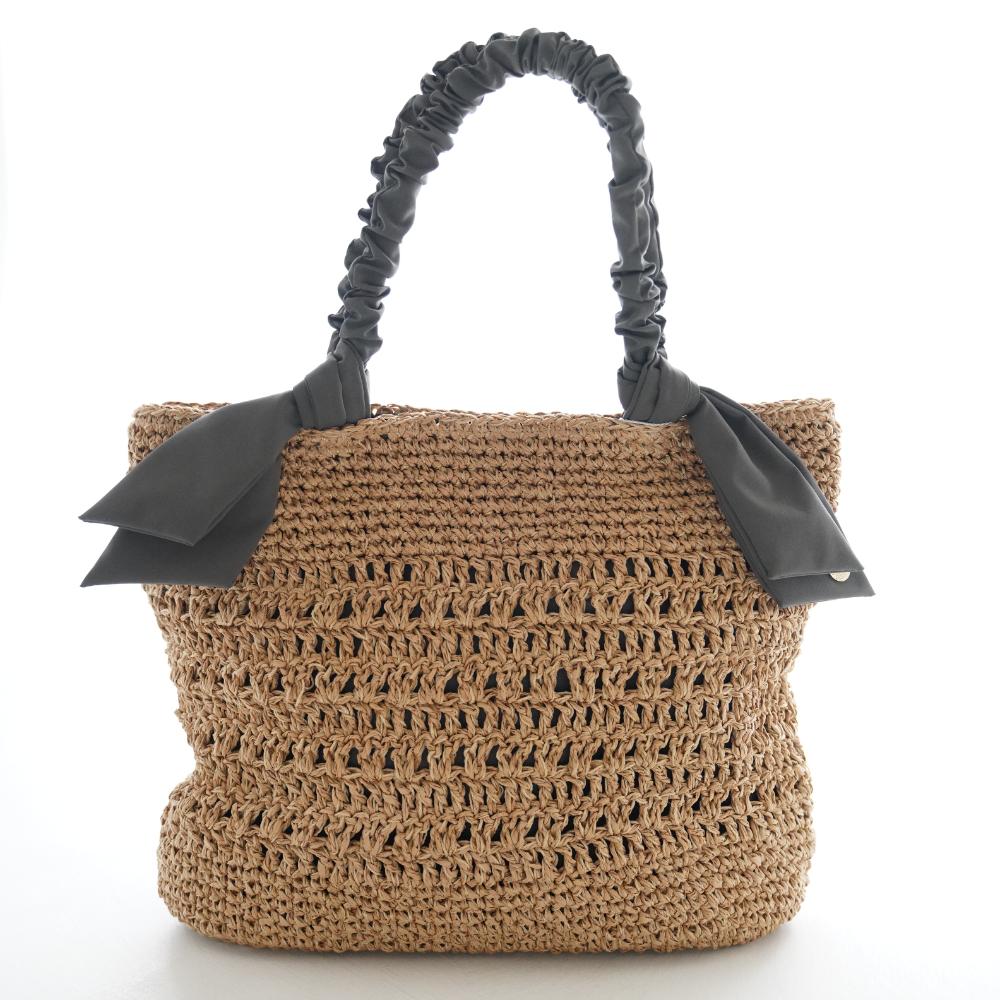 下がりリボン ペーパー手編みトートバッグ グレー