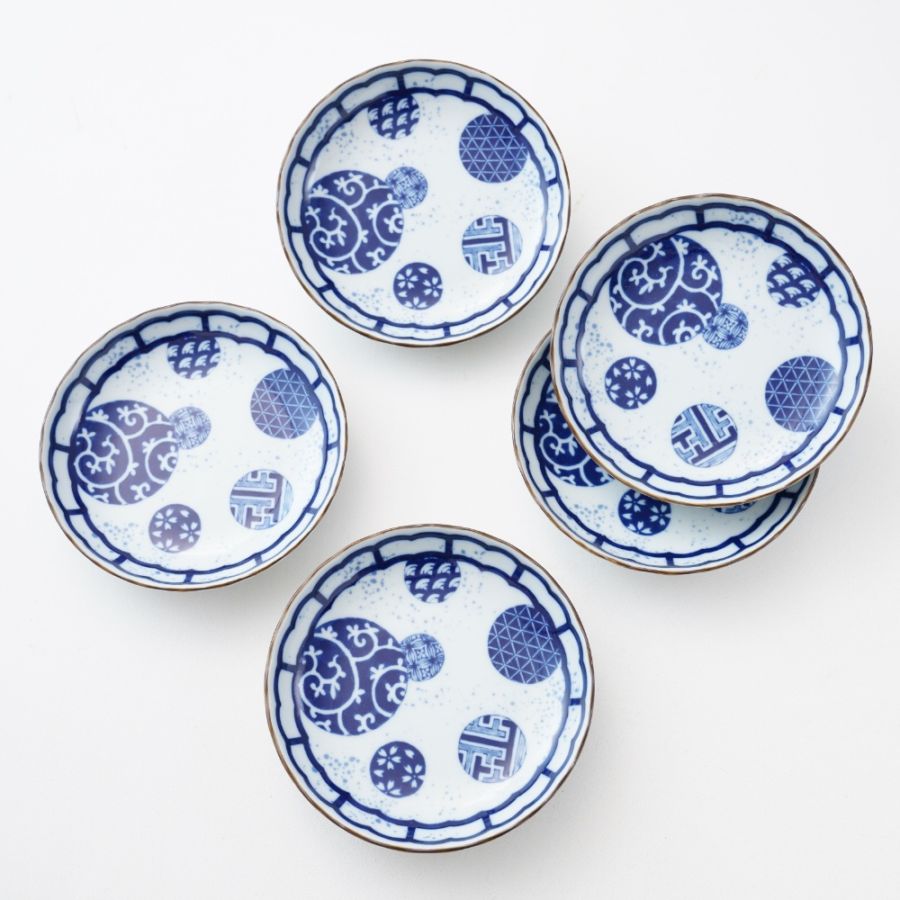【陶器市】【5点セット】吹墨丸紋 菊型5寸皿