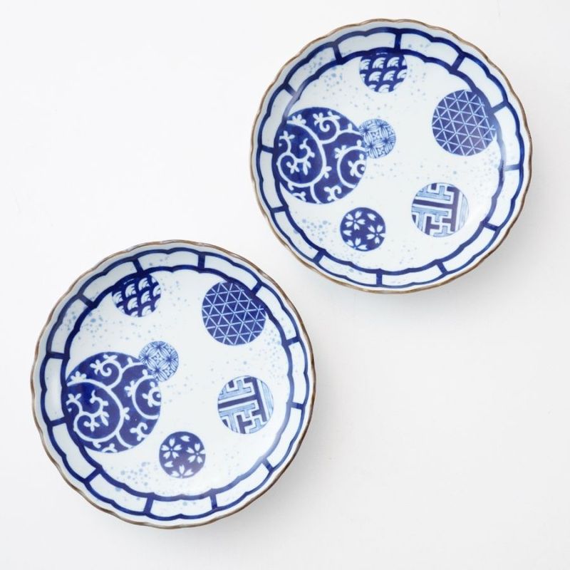 【陶器市】【2点セット】吹墨丸紋 菊型8寸皿