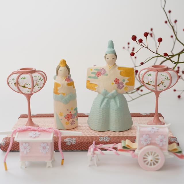 おひな道具　御所車と御駕籠のセット　ピンク