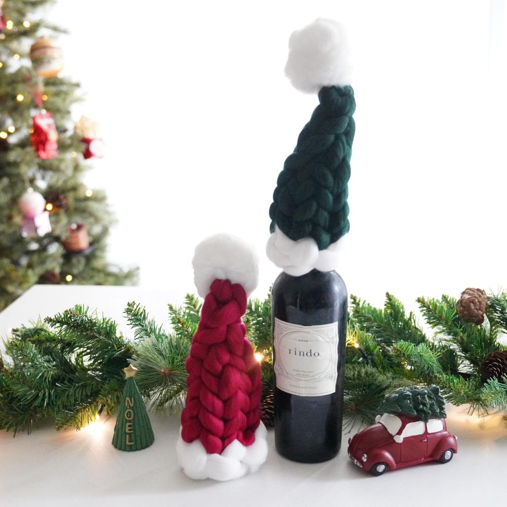 【アウトレット】【2点セット】手編みサンタ帽 ボルドー&グリーン