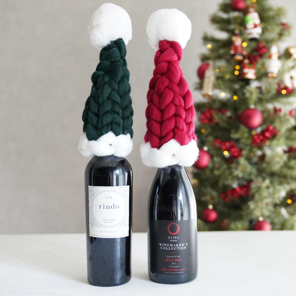 【アウトレット】【2点セット】手編みサンタ帽 ボルドー&グリーン