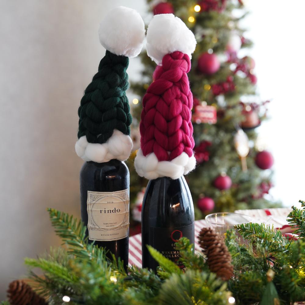 【アウトレット】【2点セット】手編みサンタ帽 ボルドー&グリーン